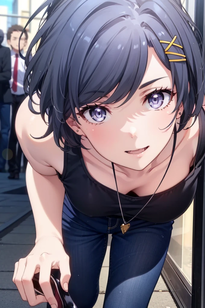 komachihikigaya, komachi hikigaya, short hair, Black Hair, hair ornaments, Ahoge, Hair Clip, x hair ornaments, (Purple eyes:1.1), tooth, happy smile, smile, Open your mouth, black tank top shirt,Locket Necklace,Skinny jeans,Stiletto heels,morning,morning陽,The sun is rising,Walking,whole bodyがイラストに入るように,
break outdoors, Building district,
break looking at viewer,whole body,
break (masterpiece:1.2), Highest quality, High resolution, unity 8k wallpaper, (figure:0.8), (Beautiful attention to detail:1.6), Highly detailed face, Perfect lighting, Highly detailed CG, (Perfect hands, Perfect Anatomy),