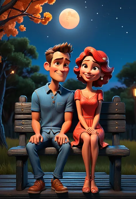 A vibrant 3D cartoon style full-body caricature with a big head, rendered in exquisite detail, depicts a young couple sitting co...