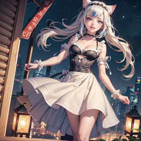 gawr gura, vtuber, medium hair, white hair, blue hair, multicolored hair, twintails, pin hair, sharks details on her dress,ornam...