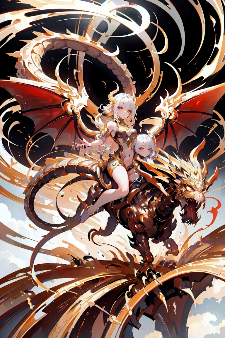 fille sexy humanoïde dragon d&#39;or, pose de mouvement, chevauchant un dragon avec des ailes, 