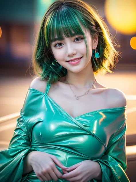 female idol、Full body esbian、smiling face、Lipgloss、very large necklace (turquoise blue and light green)、Very large earrings (tur...