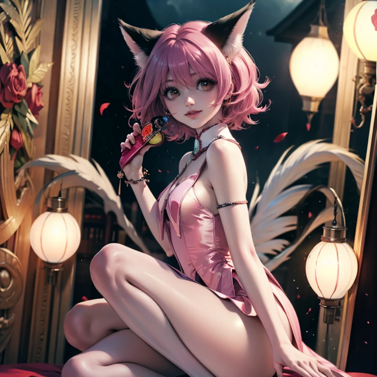 Ichigo Momomiya, Tokyo Mew Mew, short hair, pink hair, ornament hair, cat ears, perfectly body, perfectly hands,  flowing hair, maid, maid dress, maid headdress, maid apron, white apron, holding a lantern, Chinese lantern, shrine scenery, red roses on focus, gold lantern, Chinese style, Chinese maid dress, marsala dress, more details on her clothes, black dress with transparency, golden details, night, smiling, ((4k, masterpiece, top-quality)),8k, best quality, high resolution, HD, (illustration:0.8), super cute girl, delicate and beautiful face, mature girl, super cute hairstyle, (beautiful detailed eyes:1.6), extremely detailed face, perfect lighting, extremely detailed CG, (perfect hands, perfect anatomy), Best quality, cleavage, small skirt, full Body, two arms, two legs, two hands, five fingers