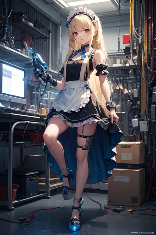   girl ,girl 12 year old  , Mechanical face , 未来的なMaid clothes ,Flat chest ,Long blonde hair fringe ,(Loli body type), mechanic headband, Blue LED ,Blue light halo,   quality, 8K ,Maid clothes , Cyborg Arm. Mechanical limbs Metal,  Mechanical legs .Power cable connected to the machine. circuit. 