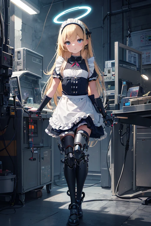   girl ,girl 12 year old  , Mechanical face , 未来的なMaid clothes ,Flat chest ,Long blonde hair fringe ,(Loli body type), mechanic headband, Blue LED ,Blue light halo,   quality, 8K ,Maid clothes , Cyborg Arm. Mechanical limbs Metal,  Mechanical legs .Power cable connected to the machine. circuit. 