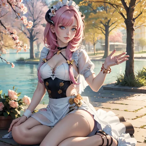  long hair, pink hair, red horns, long flowing hair, floating hair, ornament hair, perfectly body, perfectly hands, dark pink ro...