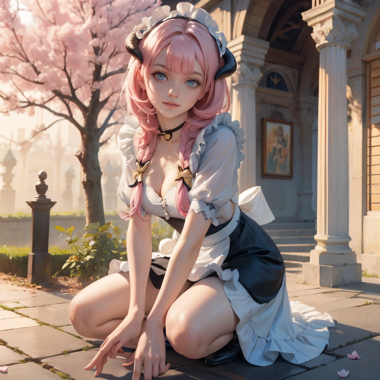  long hair, pink hair, red horns, long flowing hair, floating hair, ornament hair, perfectly body, perfectly hands, dark pink rose on hair, maid, maid dress, maid headdress, maid apron, white apron, on street, petals in the air, blossom peach tree, centered girl, maid dress, red dress, more details on her clothes, dress with transparency, golden details, daylight, smiling, cape, ((4k, masterpiece, top-quality)),8k, best quality, high resolution, HD, (illustration:0.8), super cute girl, delicate and beautiful face, 1girl, solo, mature girl, super cute hairstyle, (beautiful detailed eyes:1.6), extremely detailed face, perfect lighting, extremely detailed CG, (perfect hands, perfect anatomy), Best quality, cleavage, small skirt, full Body,