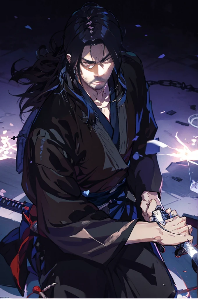 a close up of a person holding a katana in a dark room, evil male sorcerer, portrait of samurai, handsome guy in demon slayer art, dark cloaked necromancer, musashi miyamoto, standing, fighting stance, looking at the viewer, front camera, eye level, handsome, beard, long hair, angry expression, drawing sword pose, a man holding his sword at his side, closed fist holding takana, 1man, boku no hero academia