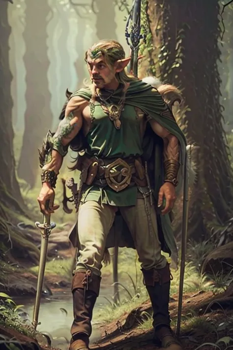 A titanic wild elf as an elven god of epic proportions, the elf ranger full body, complete body, standing, walking in the forest...