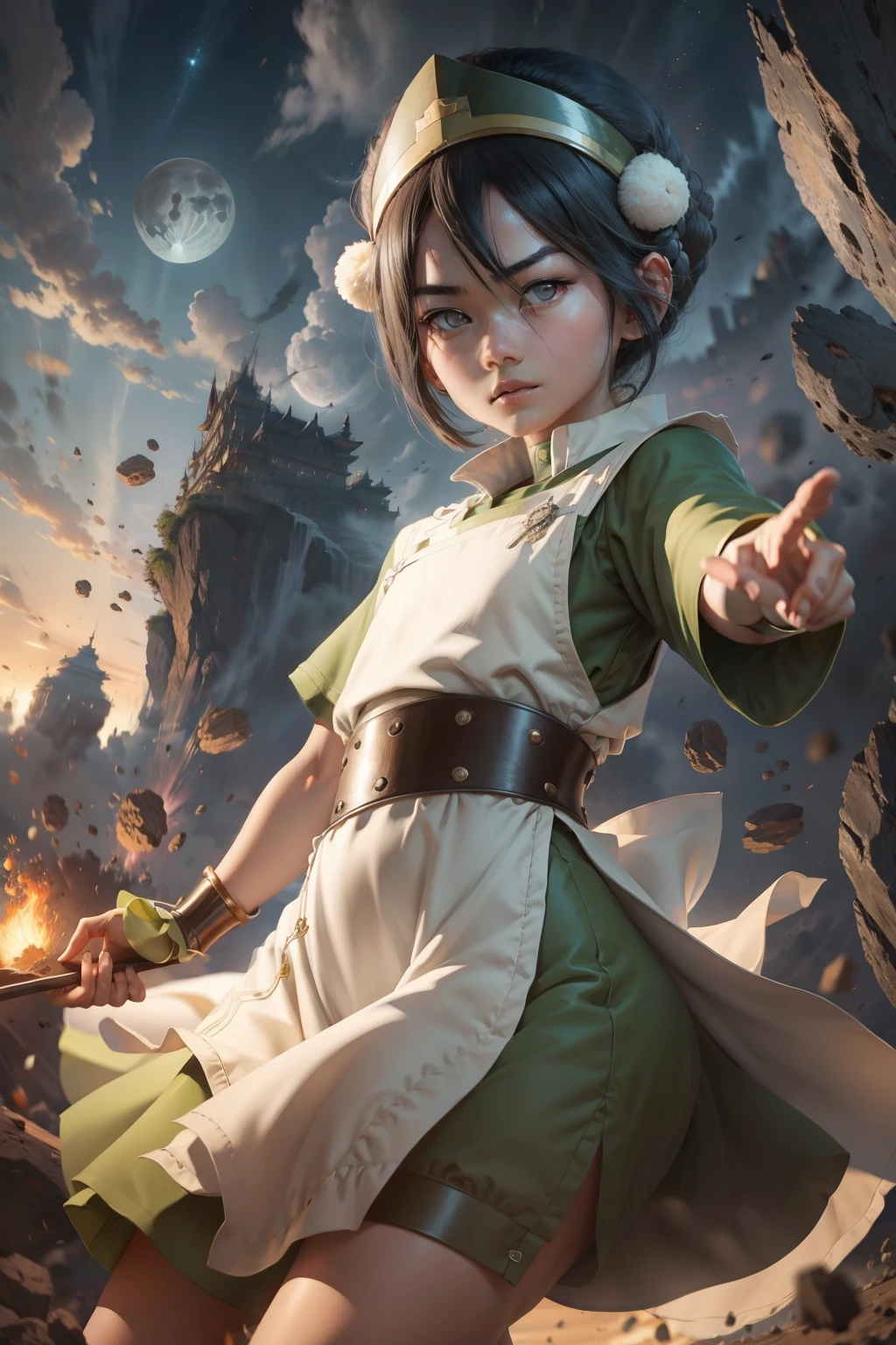 Ultra detailed , Toph beifong , 10 year old  girl ,japonese  girl ,1girl , flat  chest , masterpiece  , Black hair , atack pose background moon . Rock plain. 