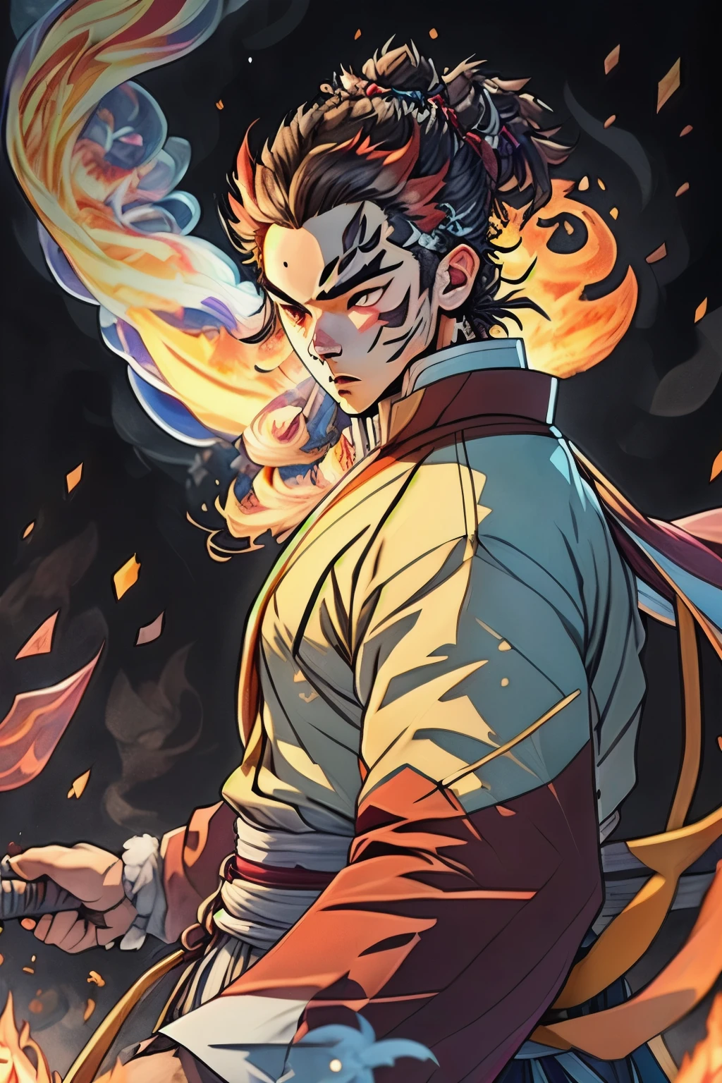 ((best qualityer)), ((work of art)), (detailded), (8k resolution), Kimetsu no Yaiba, adult man, experienced swordsman, Katana rich in details, red traces on the face, Red neon aura, flames in the background, white kimono, Slightly dark hair, groundbreaking, color scheme, pensive stillness, background with flames, details Intricate, photographic realism, fully body.