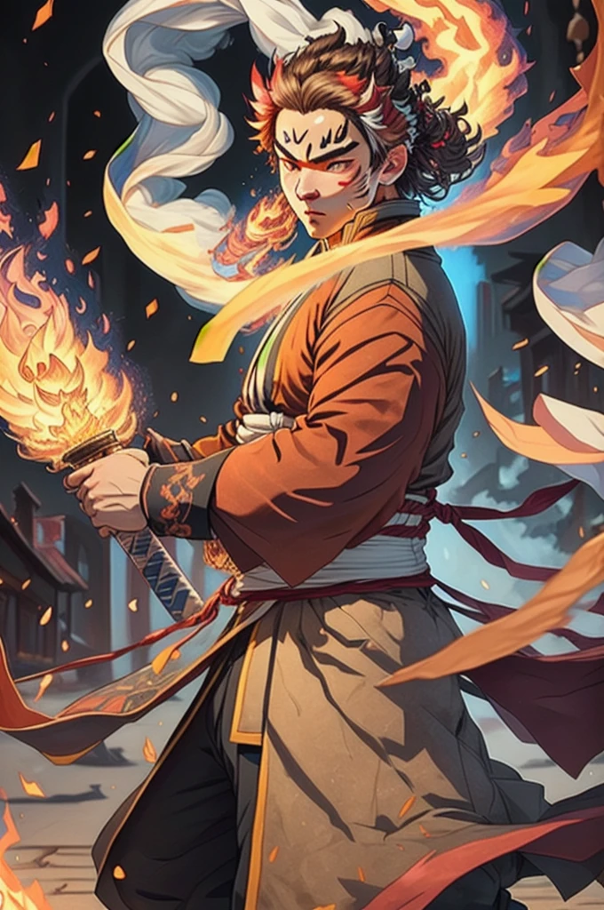 ((melhor qualidader)), ((Trabalho de arte)), (detalhado), (Resolução 8K), Kimetsu no Yaiba, homem adulto, espadachim experiente, Katana rica em detalhes, traços vermelhos no rosto, Aura de néon vermelho, chamas ao fundo, quimono branco, Cabelo um pouco escuro, Inovador, esquema de cores, quietude pensativa, fundo com chamas, detalhes Intrincado, Realismo fotográfico, totalmente corpo.