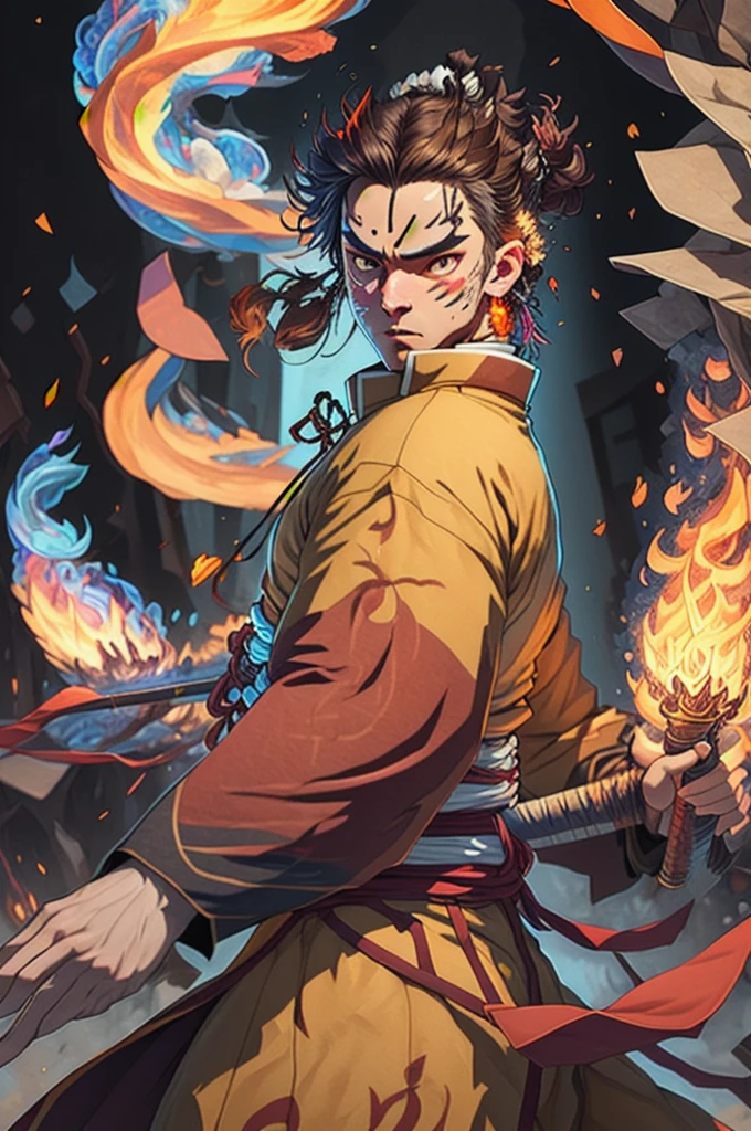 ((melhor qualidader)), ((Trabalho de arte)), (detalhado), (Resolução 8K), Kimetsu no Yaiba, homem adulto, espadachim experiente, Katana rica em detalhes, traços vermelhos no rosto, Aura de néon vermelho, chamas ao fundo, quimono branco, Cabelo um pouco escuro, Inovador, esquema de cores, quietude pensativa, fundo com chamas, detalhes Intrincado, Realismo fotográfico, totalmente corpo.