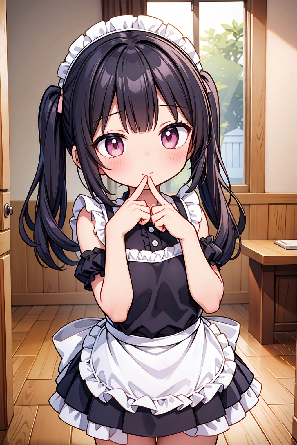 (8K, Highest image quality, highest quality, masterpiece), detailed face, ((loli)), ((girl)), (little loli curve), black hair, short twintails, pink eyes, (tiny breasts), (naked apron), cowboy shot, put your hand on your mouth, kitchen background, ((very blushing)), ((detailed hands and fingers)), viewer perspective from below, (blush)