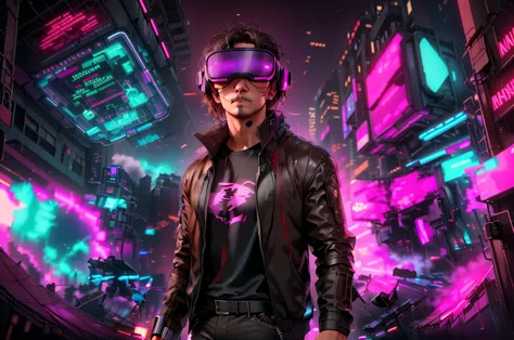 neocruz cabello largo , messy hair, barba,  a man in a black jacket and glasses stands in front of a futuristic city, vr game, c...