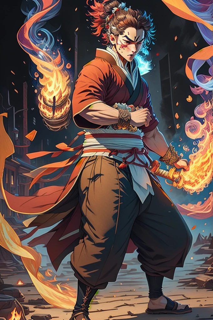 ((best qualityer)), ((work of art)), (detailded), (8k resolution), Kimetsu no Yaiba, adult man, experienced swordsman, Katana rich in details, red traces on the face, Red neon aura, flames in the background, white kimono, Slightly dark hair, groundbreaking, color scheme, pensive stillness, background with flames, details Intricate, photographic realism, fully body.