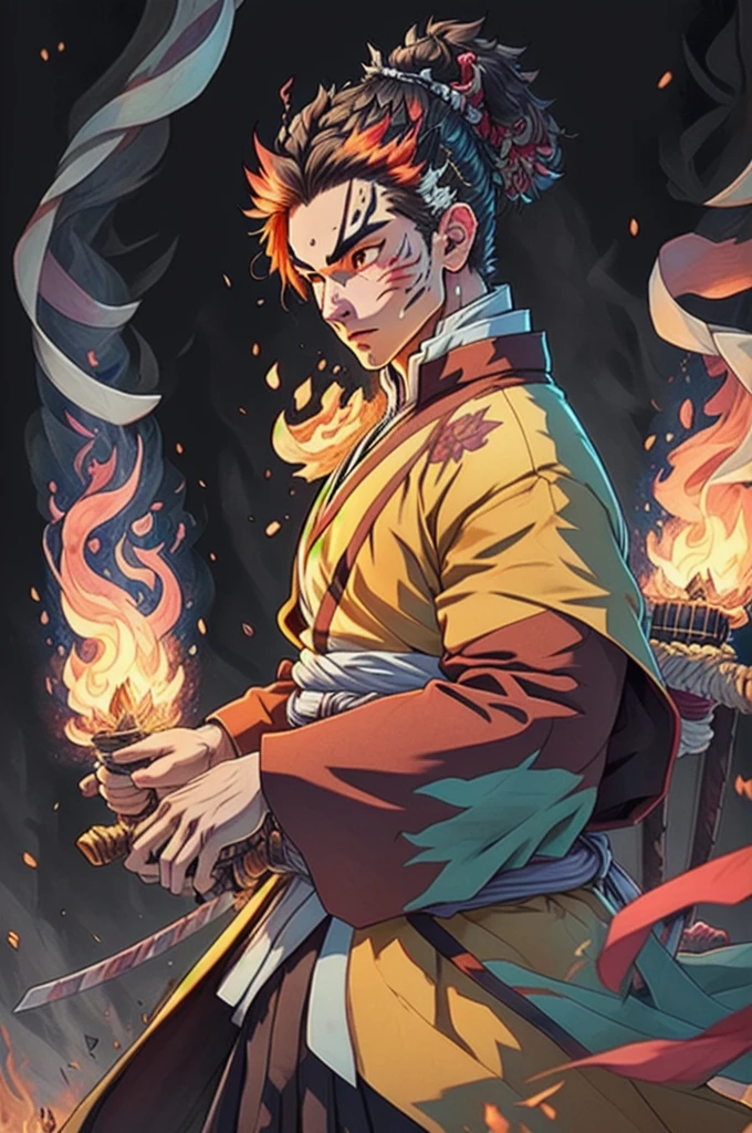 ((melhor qualidader)), ((Trabalho de arte)), (detalhado), (Resolução 8K), Kimetsu no Yaiba, homem adulto, espadachim experiente, Katana rica em detalhes, traços vermelhos no rosto, Aura de néon vermelho, chamas ao fundo, quimono branco, Cabelo um pouco escuro, Inovador, esquema de cores, quietude pensativa, fundo com chamas, detalhes Intrincado, Realismo fotográfico, totalmente corpo.