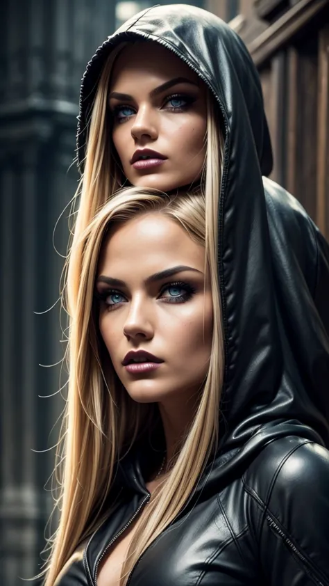 a dark hooded female spider woman, extremely detailed eyes, blonde hair, beautiful detailed lips, cinematic composition, dramati...