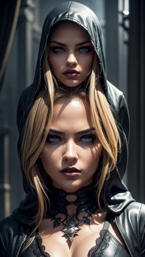 a dark hooded female spider woman, extremely detailed eyes, blonde hair, beautiful detailed lips, cinematic composition, dramati...