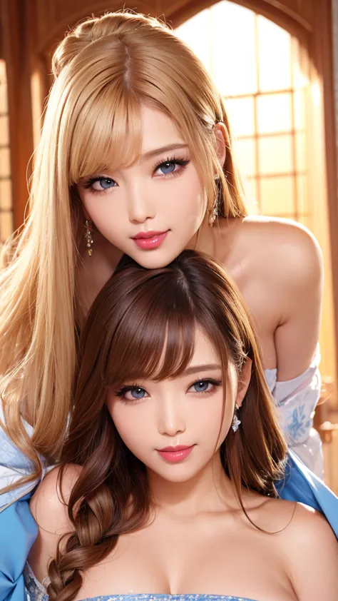 beauty, mystical eyes、big 、super sexy、pale skin、shiny hair、super long hair、loose and fluffy perm、close to blonde、are fat、fat、smi...