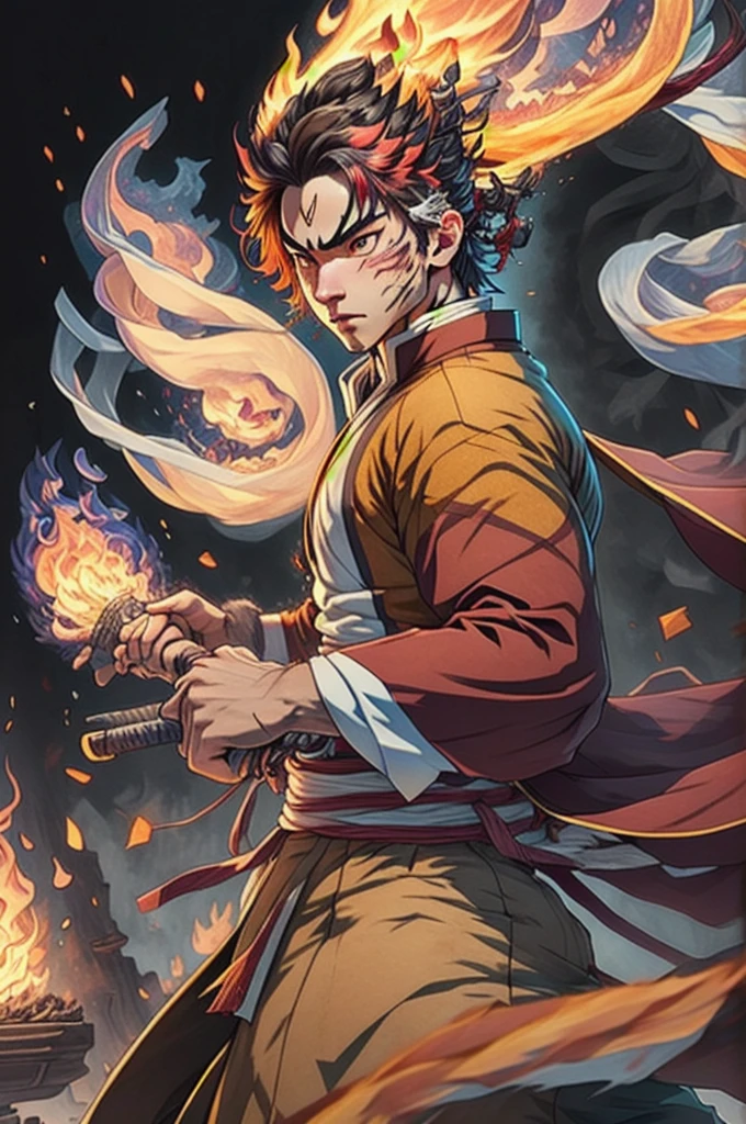 ((melhor qualidader)), ((Trabalho de arte)), (detalhado), (Resolução 8K), Kimetsu no Yaiba, homem adulto, espadachim experiente, Katana rica em detalhes, traços vermelhos no rosto, Aura de néon vermelho, chamas ao fundo, quimono branco, Cabelo um pouco escuro, Inovador, esquema de cores, quietude pensativa, fundo com chamas, detalhes Intrincado, Realismo fotográfico, totalmente corpo.