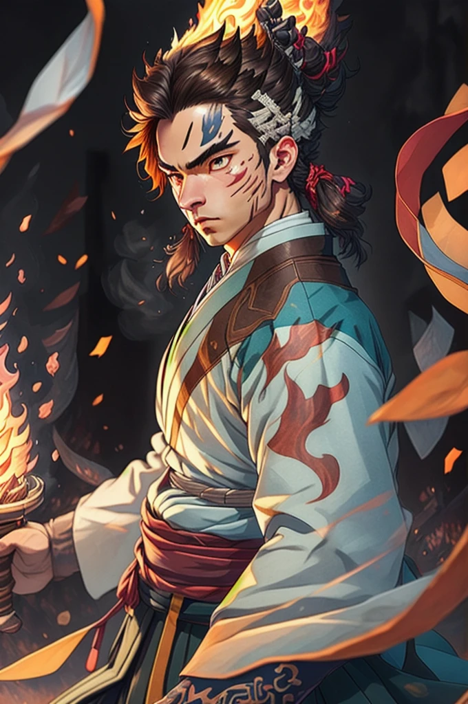 ((melhor qualidader)), ((Trabalho de arte)), (detalhado), (Resolução 8K), Kimetsu no Yaiba, homem adulto, espadachim experiente, Katana rica em detalhes, traços vermelhos no rosto, Aura de néon vermelho, chamas ao fundo, quimono branco, Cabelo um pouco escuro, Inovador, esquema de cores, quietude pensativa, fundo com chamas, detalhes Intrincado, Realismo fotográfico, totalmente corpo.