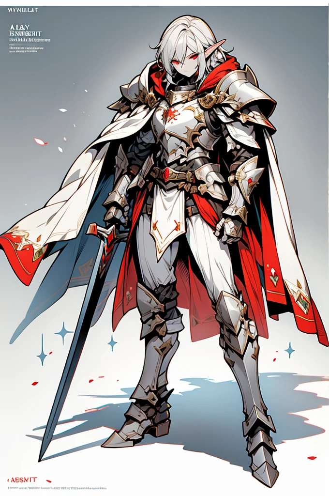 Caballero medio elfo masculino, arte de cuerpo completo, cabello plateado, piel blanca, ojo rojo, armadura adornada de placa completa de caballero, capa blanca, Perfectamente detallado.