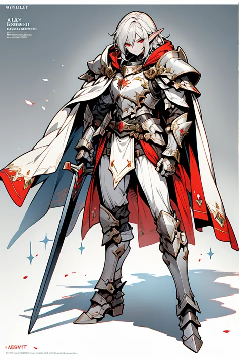 male half elf knight, full body art, silver hair, white skin, Red eye, knight full plate adorned armor, white cape, perfectly de...