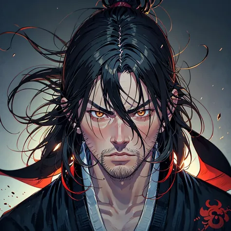 a close up of a perso, evil male sorcerer, portrait of samurai, dark cloaked necromancer, musashi miyamoto, standing, fighting s...