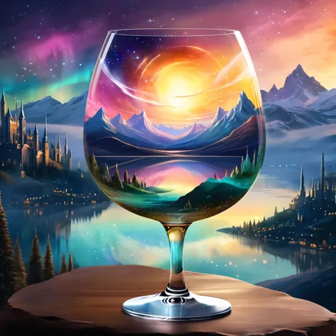 create a celestial scene within a wine glass, featuring a surreal landscape with mountains and an aurora sky. the background inc...