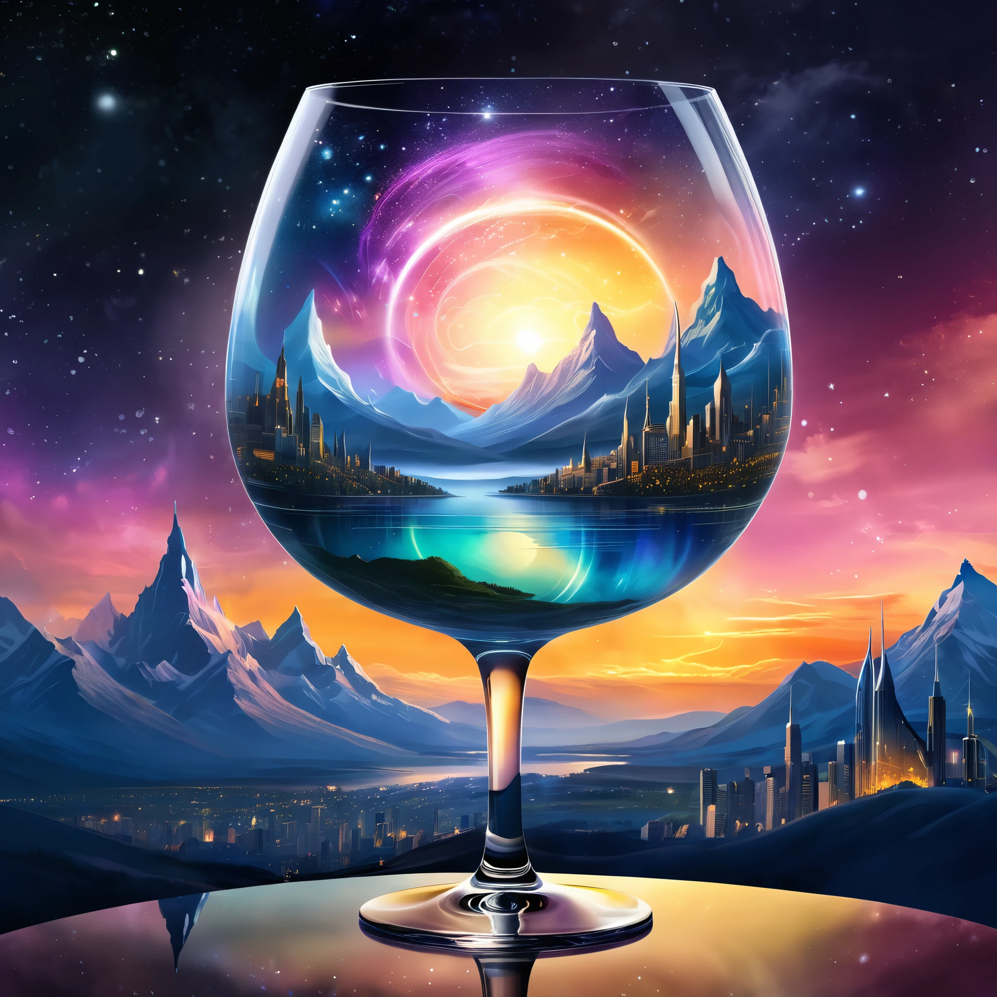 Create a celestial scene within a wine glass, featuring a surreal landscape with mountains and an aurora sky. The background includes a glowing sunset and cityscape. The style should be fantasy with ethereal elements.