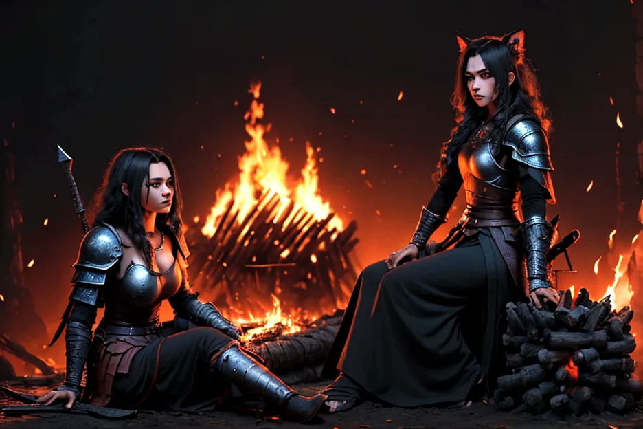 1 mujer junkotvv pelo largo negro con flequillo y con orejas de gato y ojos rojos a warrior resting in bonfire, high quality, ma...