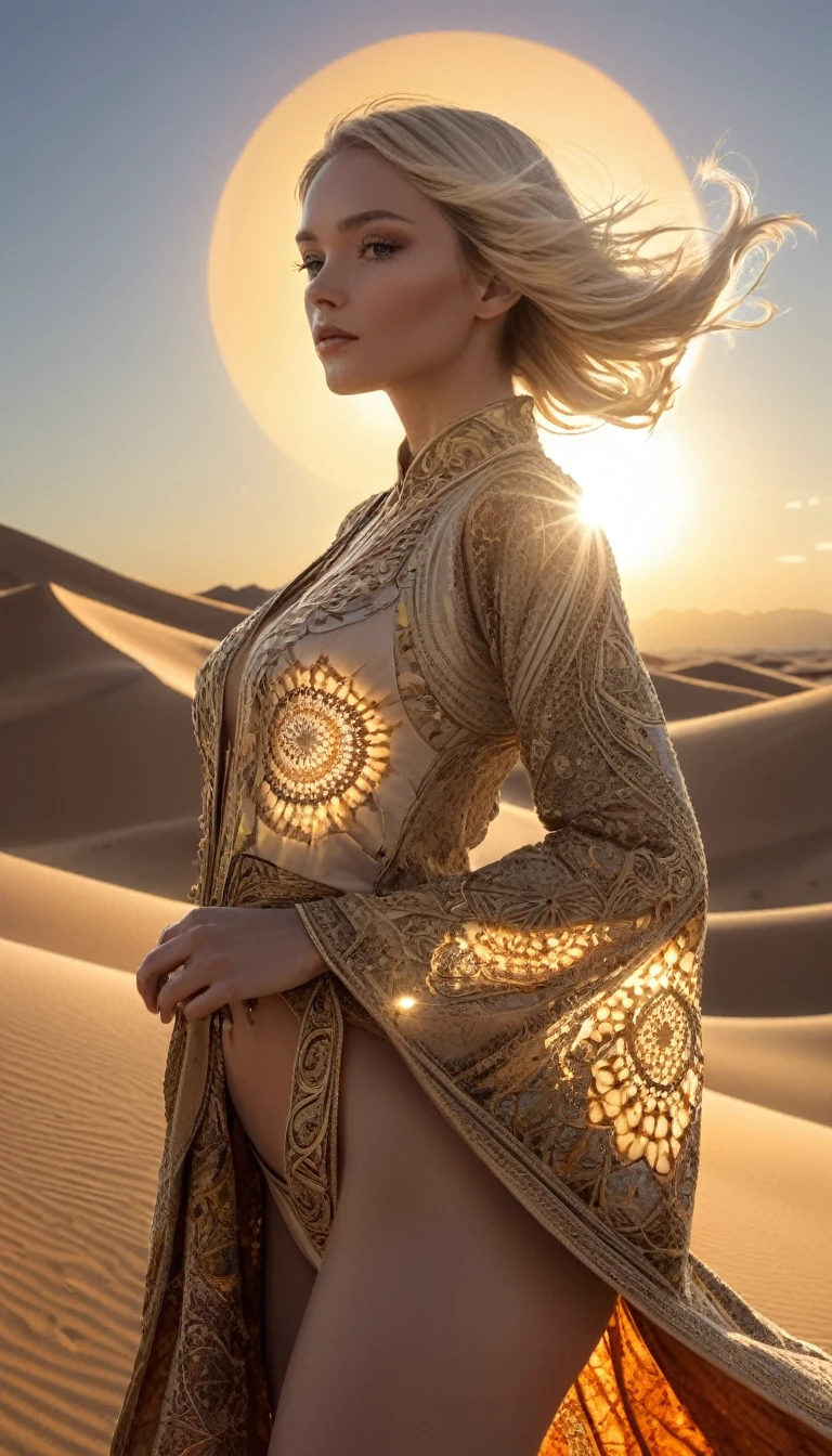 1girl, beautiful and aesthetic:1.2), ,extreme detailed, (fractal art:1.3),colorful, highest detailed, just wear top clothes, open clothes ,pale skin ,the creamy smooth skin, Peder Balke, art _style,desert,setting sun,backlighting,cloud,4k,ornate and intricate
