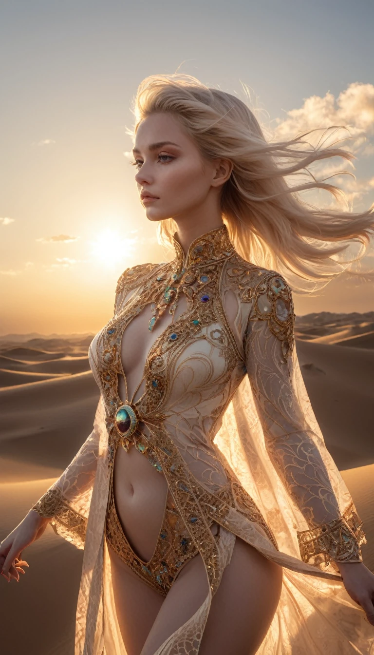 1girl, beautiful and aesthetic:1.2), ,extreme detailed, (fractal art:1.3),colorful, highest detailed, just wear top clothes, open clothes ,pale skin ,the creamy smooth skin, Peder Balke, art _style,desert,setting sun,backlighting,cloud,4k,ornate and intricate
