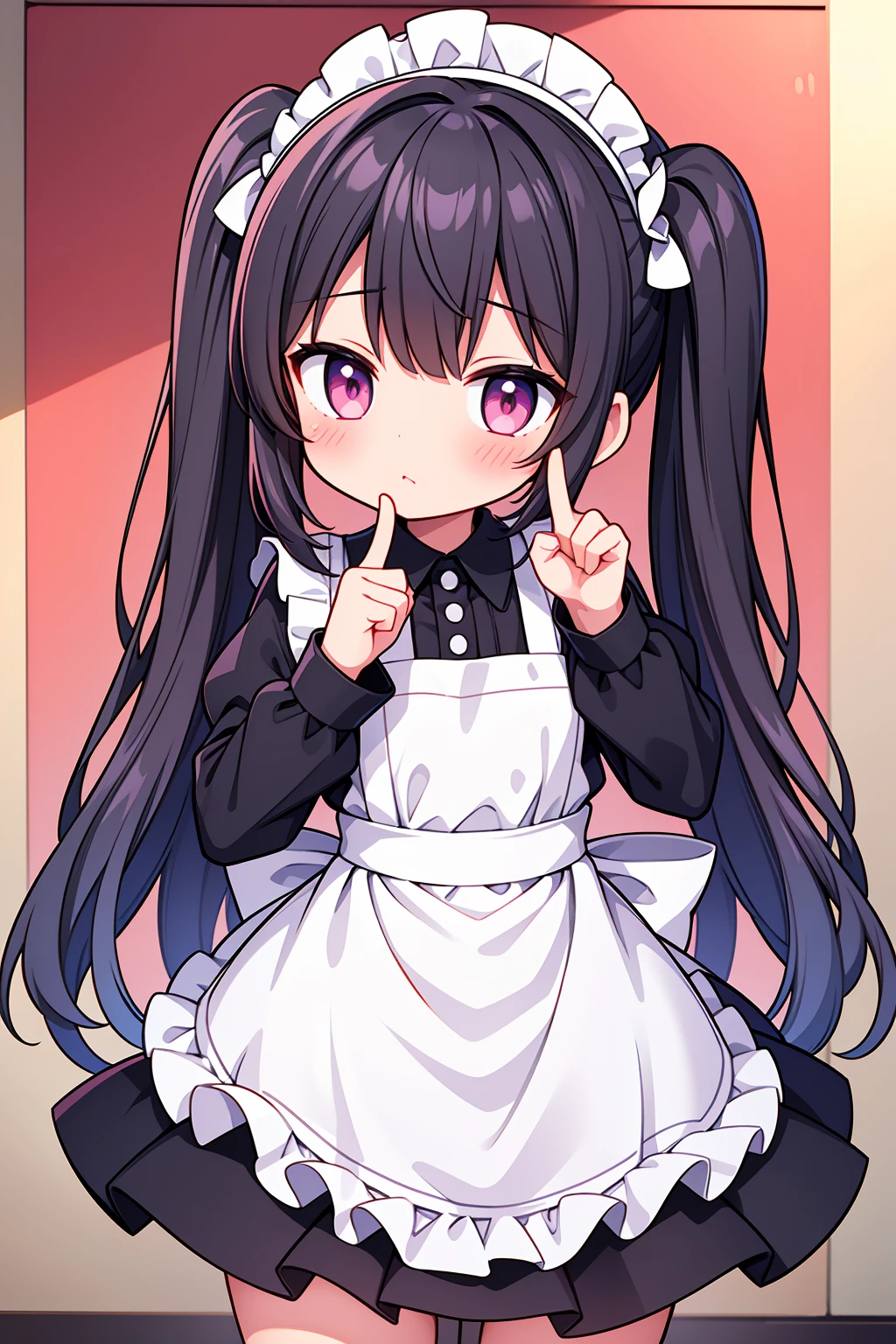 (8K, Highest image quality, highest quality, masterpiece), detailed face, ((loli)), ((girl)), (little loli curve), black hair, short twintails, pink eyes, ((very small bust)), (flat bust), (naked apron), cowboy shot, put your hand on your mouth, kitchen background, ((very blushing)), ((detailed hands and fingers)), viewer perspective from below, (blush)