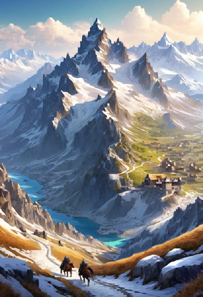 highly detailed Fantasie picture a alps,trocken, schneebedeckt, Berge, Landschaft, wide, 4k, mittelalterlich, Fantasie, Spielkunst, Landschaft, wide