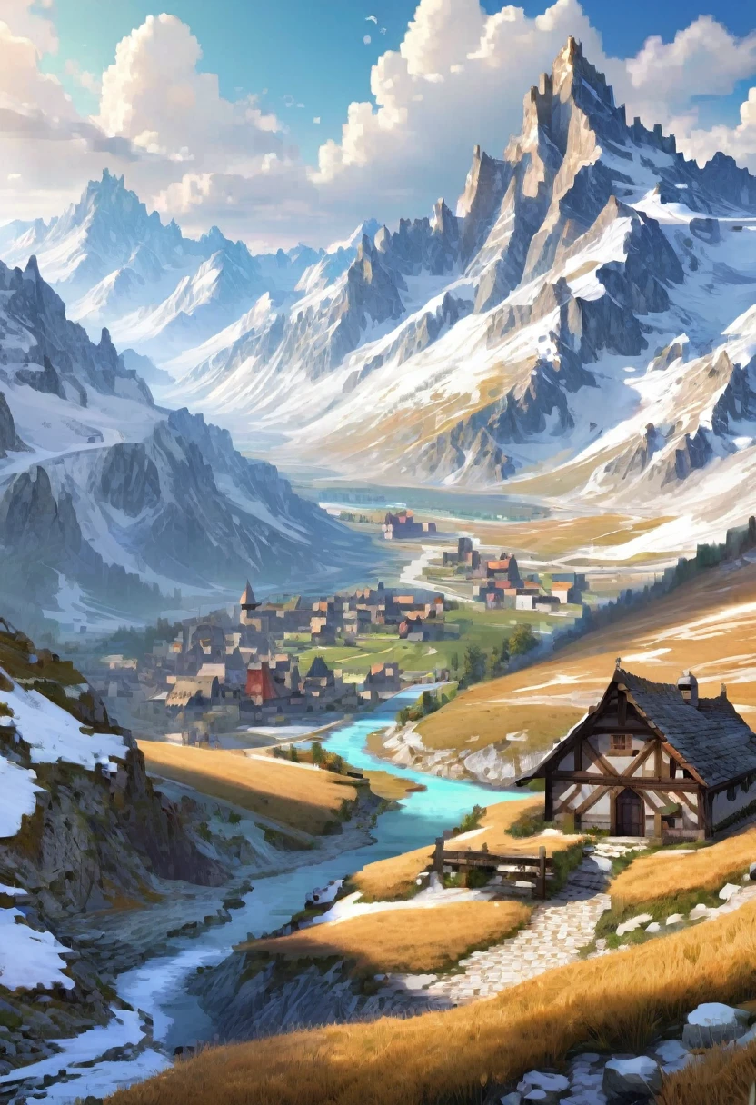 highly detailed 공상 picture a alps,마른, 눈 덮인, 산, 풍경, 넓은, 4K, 중세의, 공상, 게임 아트, 풍경, 넓은