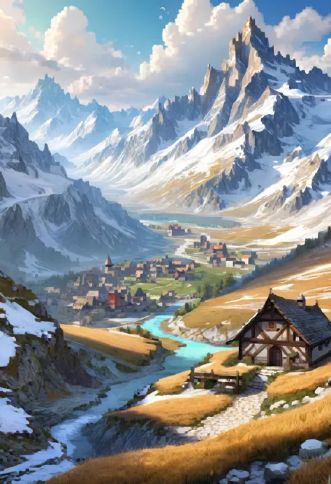 highly detailed fantasy picture a alps,dry, snowy, mountains, landscape, wide, 4k, medieval, fantasy, game art, landscape, wide