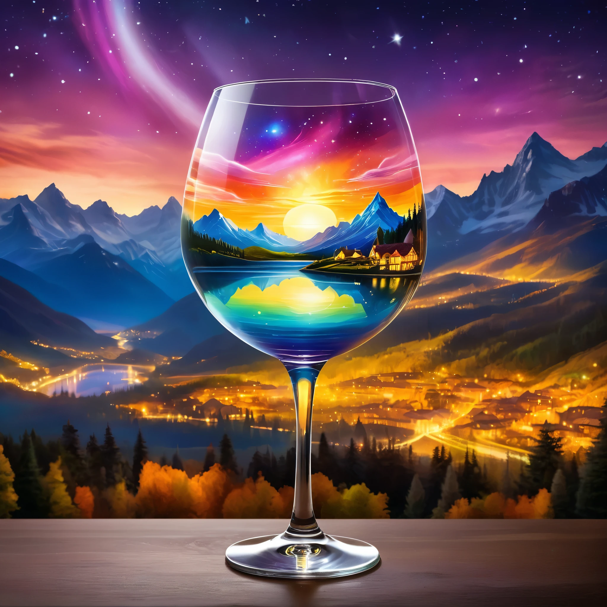 Create a celestial scene within a wine glass, featuring a surreal landscape with mountains and an aurora sky. The background includes a glowing sunset and cityscape. The style should be fantasy with ethereal elements. Hyper realistic photo, super vibrant colors, 16k