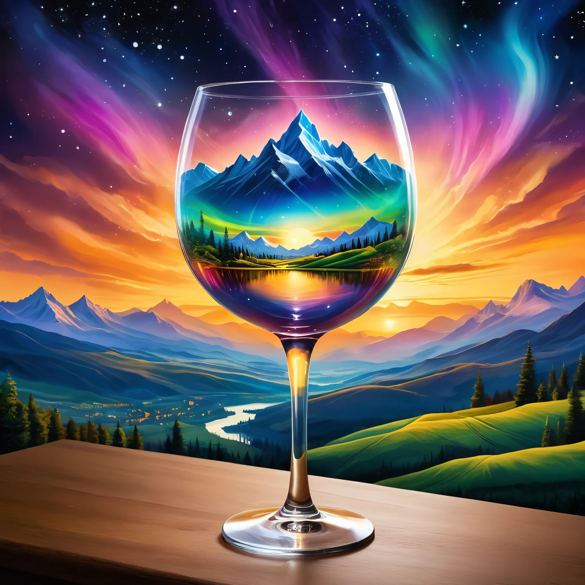 Crie uma cena celestial dentro de uma taça de vinho, apresentando uma paisagem surreal com montanhas e um céu aurora. O fundo inclui um pôr do sol brilhante e uma paisagem urbana. O estilo deve ser fantasia com elementos etéreos. foto hiper realista, cores super vibrantes, 16k