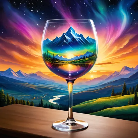 Create a celestial scene within a wine glass, featuring a surreal landscape with mountains and an aurora sky. The background inc...