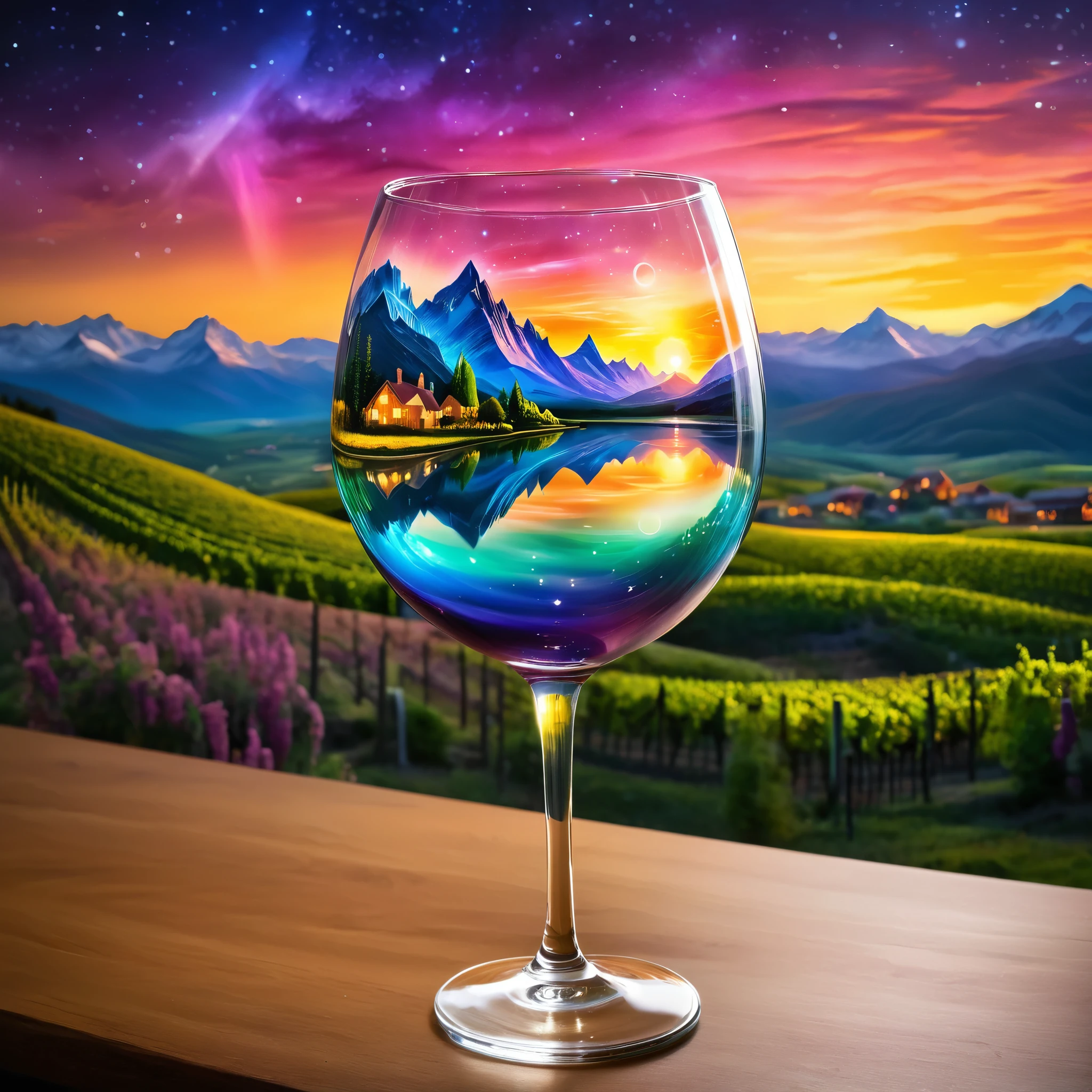 Create a celestial scene within a wine glass, featuring a surreal landscape with mountains and an aurora sky. The background includes a glowing sunset and cityscape. The style should be fantasy with ethereal elements. Hyper realistic photo, super vibrant colors, 16k