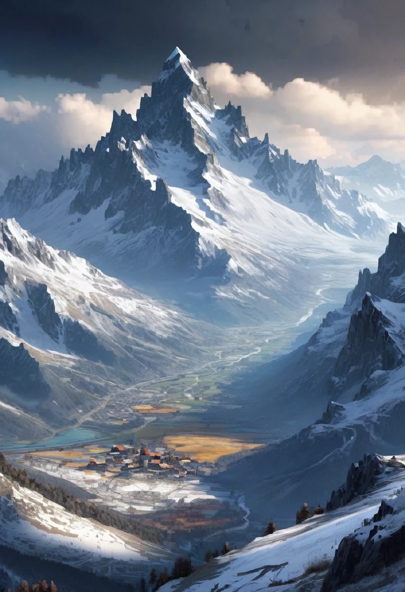 highly detailed dark fantasy picture a alps,dry, snowy, mountains, landscape, wide, 4k, medieval, fantasy, game art, landscape, wide