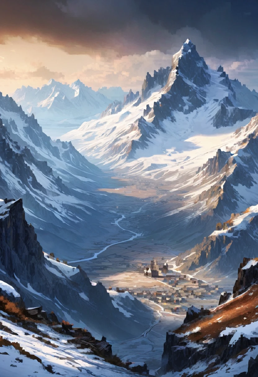 highly detailed dark fantasy picture a alps,dry, snowy, mountains, landscape, wide, 4k, medieval, fantasy, game art, landscape, wide