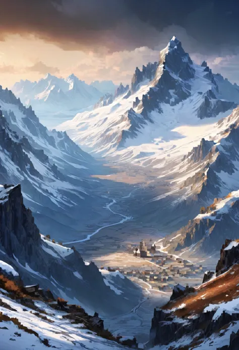 highly detailed dark fantasy picture a alps,dry, snowy, mountains, landscape, wide, 4k, medieval, fantasy, game art, landscape, ...