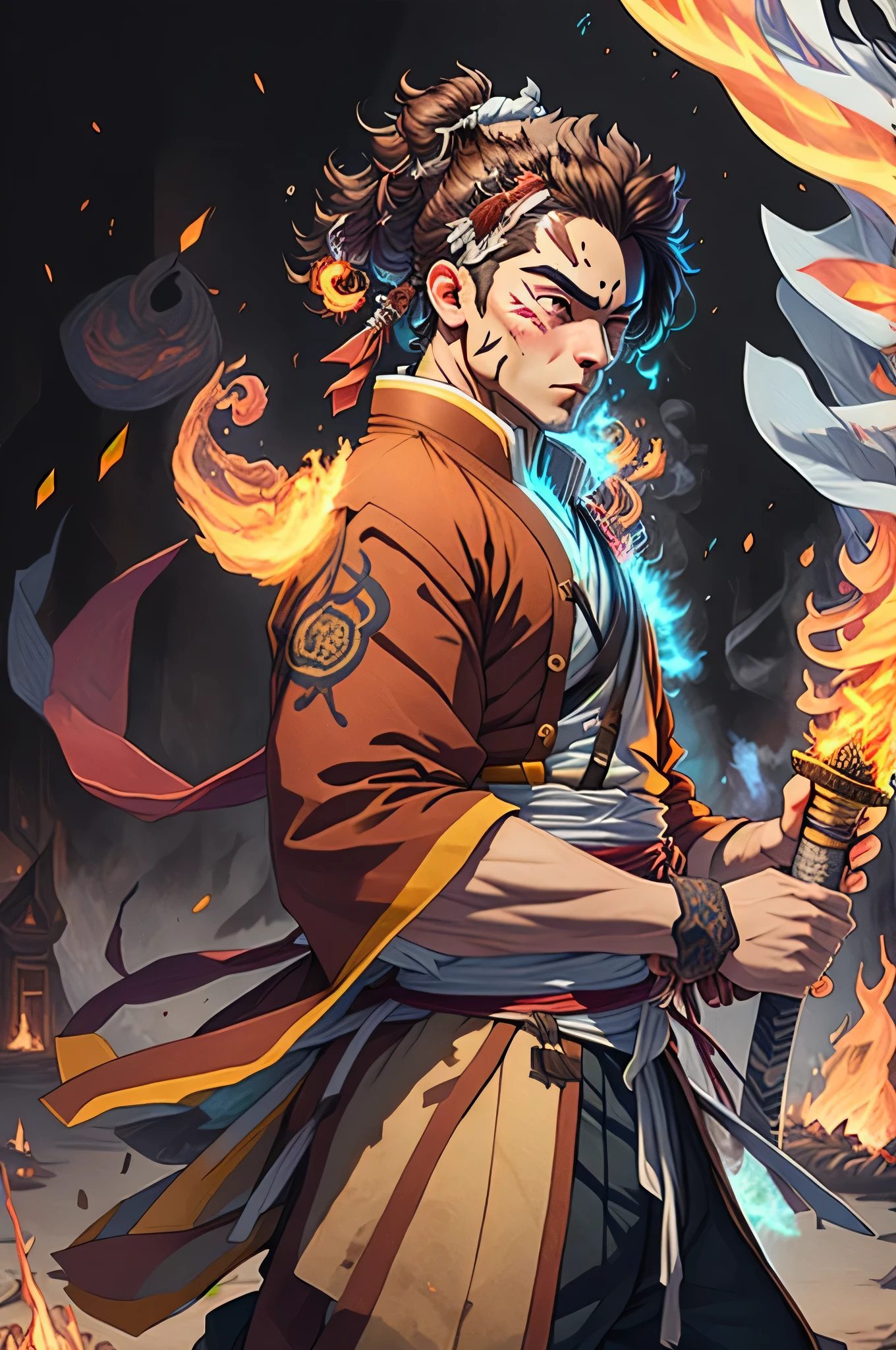 ((best qualityer)), ((work of art)), (detailded), (8k resolution), Kimetsu no Yaiba, adult man, experienced swordsman, Katana rich in details, red traces on the face, Red neon aura, flames in the background, white kimono, Slightly dark hair, groundbreaking, color scheme, pensive stillness, background with flames, details Intricate, photographic realism, fully body.