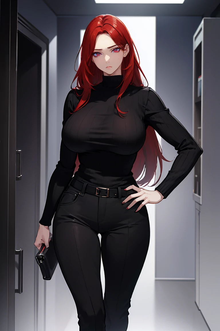 (Uhd, Masterpiece, Textured Skin, Super Detail, High Details, High Quality, Best Quality), Detailed Face, 1woman, mature pretty woman, Long red hair, (black sweater), (black pants), (Huge Body:1.5, tall), standing