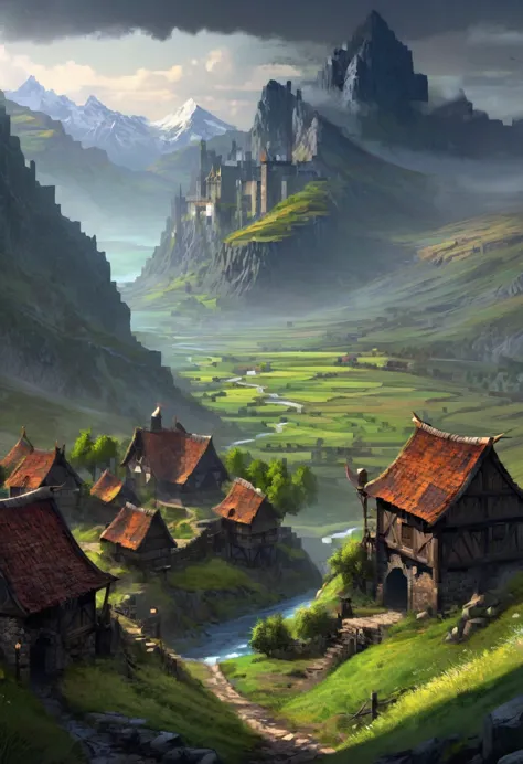 highly detailed dark fantasy picture valley with ruinswide, 4k, medieval, fantasy, game art, landscape, wide