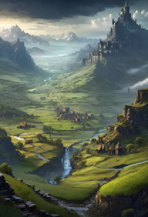 highly detailed dark fantasy picture valley with ruinswide, 4k, medieval, fantasy, game art, landscape, wide