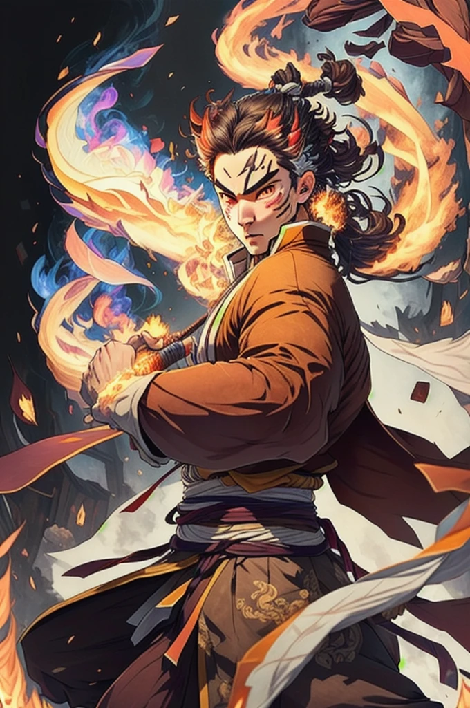 ((best qualityer)), ((work of art)), (detailded), (8k resolution), Kimetsu no Yaiba, adult man, experienced swordsman, Large katana rich in details, red traces on the face, Red neon aura, flames in the background, white kimono, Slightly dark hair, groundbreaking, color scheme, pensive stillness, background with flames, details Intricate, photographic realism, fully body.