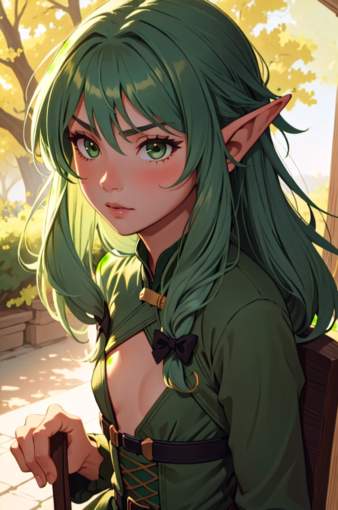 (masterpiece, best quality),  intricate details,
1boy,    high_elf_archer, elf, pointy ears, long hair, sidelocks, bow, hair bow, black bow, small breasts, hair between eyes, green hair, 
  peachdress,  pink dress,